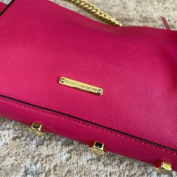 REBECCA MINKOFF Avery Saffiano Leather Crossbody Bag Fuchsia Pink Gold Chain - Picture 6 of 14